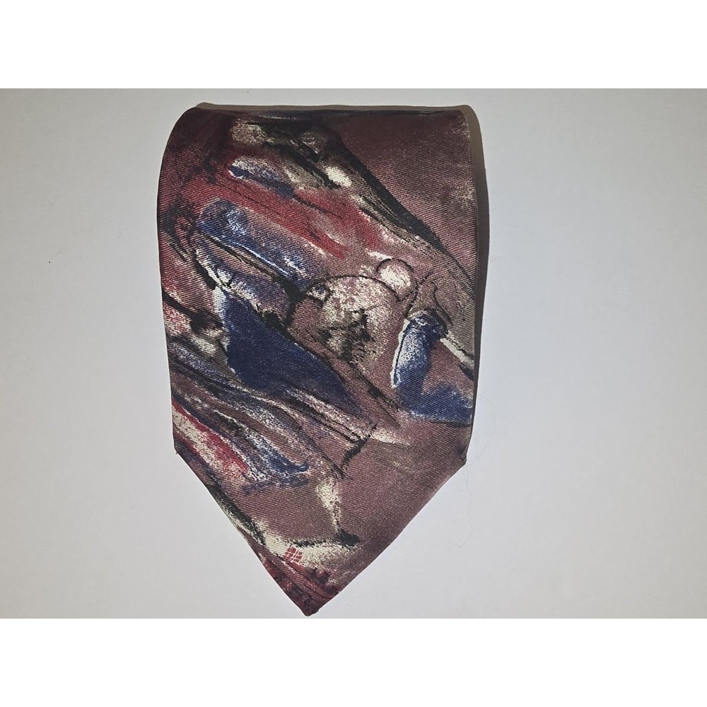 Mario Valentino Mens Necktie 100% Italian Silk Abstract Painterly Burgundy Blue